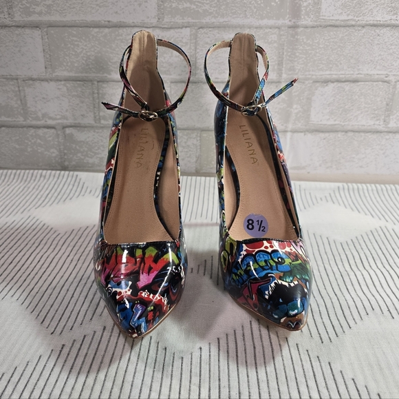 Liliana High Heels Colorful Retro Graffiti Print Size 8.5 Fun Party Date Night - Picture 2 of 9